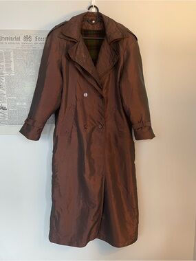 Rue Grenelle iridescent brown trench coat plaid wool